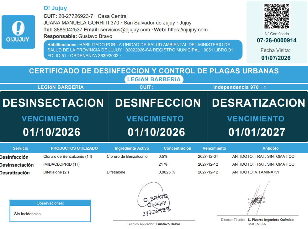 Certificado de desinfección y control de plagas urbanas de O! Jujuy